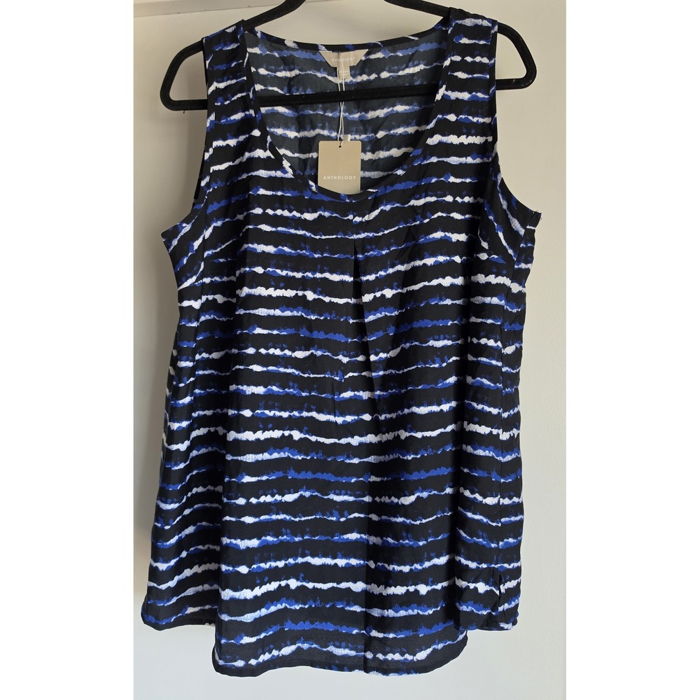 NWT Anthology Women Tank Top Size 14 Striped Black Blue White Sleeveless Blouse